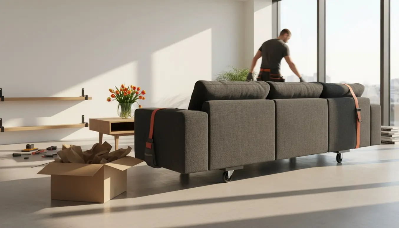 Stor sofa på flyttedolly i en lys stue med hylder og en vase med blomster.