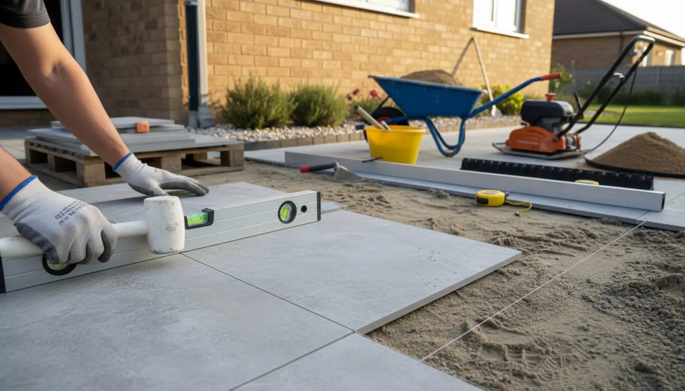 Nærbillede af fliselægning ved husets østside med hænder, fliser og værktøj.
