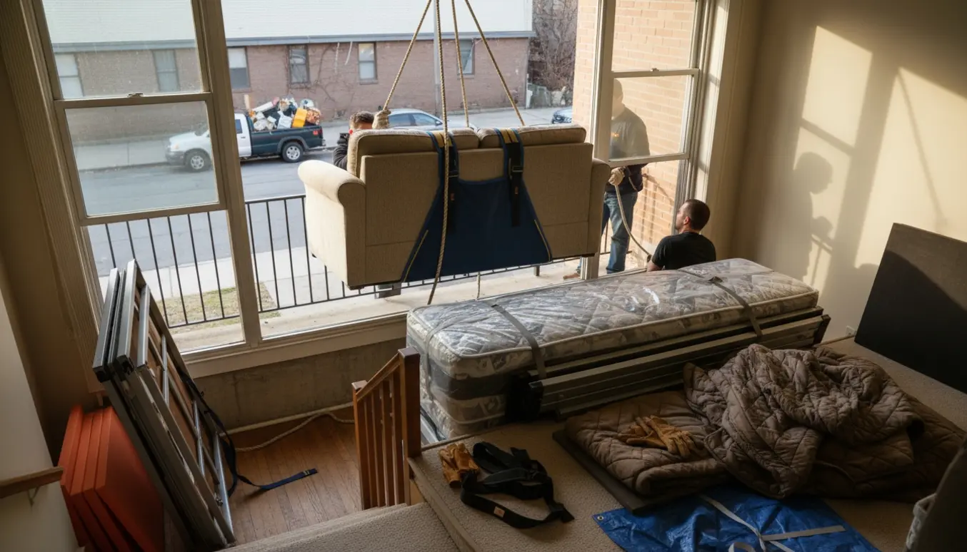 Personer bærer sofa og seng ned fra 2. sal med sækkevogn, tæpper og tov, og storskraldscontainer ses i baggrunden.