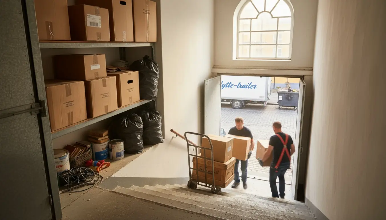 Åbent loftsrum på femte sal under tømning med flyttekasser, maling og en trailer udenfor.