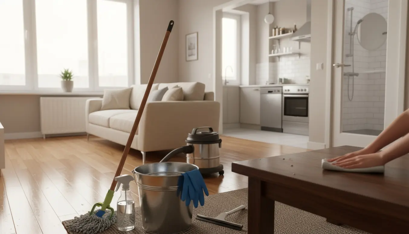 Rengøringsudstyr og rene overflader i en lys, nyvasket toværelses lejlighed med skinnende køkken og badeværelse.