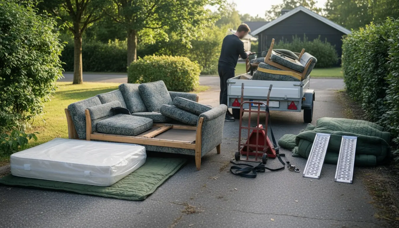 Trailer læsset med madras og adskilte sofaafsnit ved en genbrugsplads i en dansk forstad.