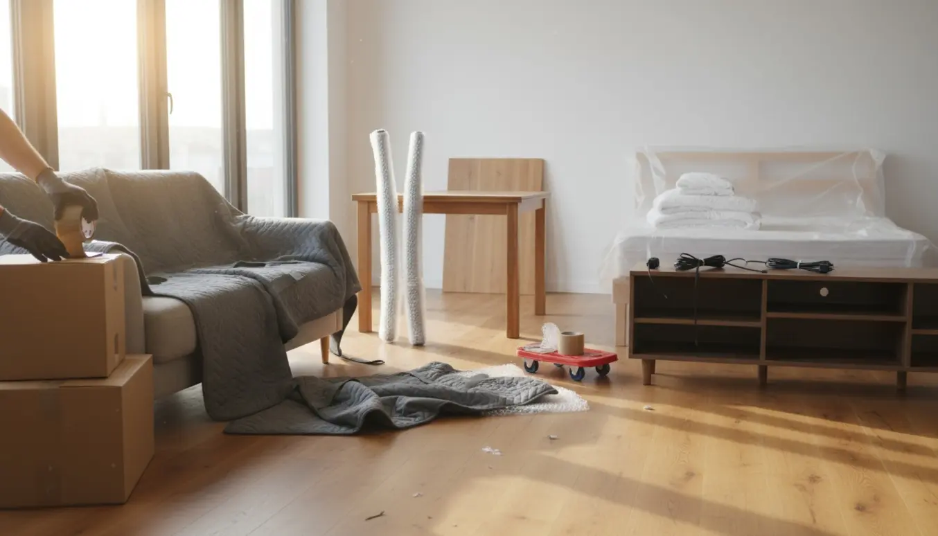 Opdateret stue midt i fraflytning med pakket sofa, dobbeltmadras, tv-reol og flyttekasser i naturligt dagslys.