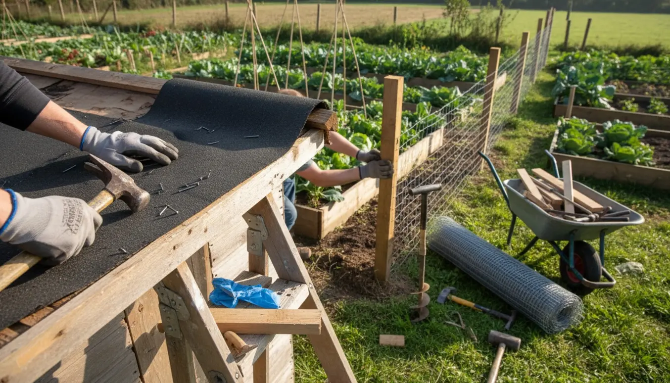 Nærbillede af reparation af et lille kolonihaveskur med tagpap og opsætning af rådyrsikret hegn ved køkkenhaven.