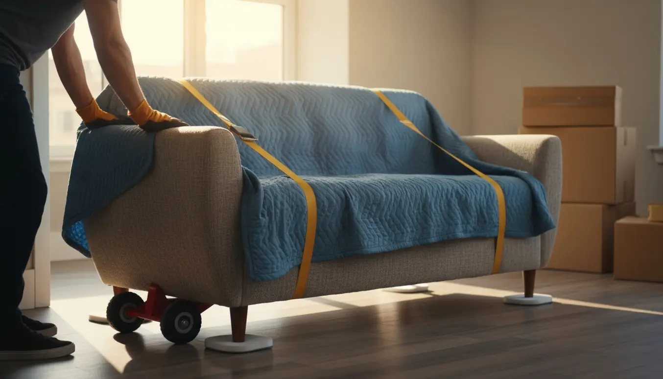 En person uden synligt ansigt flytter en trepersoners sofa gennem en lejlighedsdør med flyttetæpper og en flyttedolly.