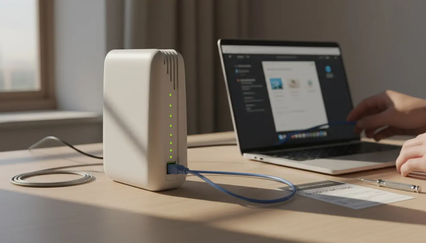 Hænder tilslutter et netværkskabel til en hvid router på et skrivebord under opsætning.