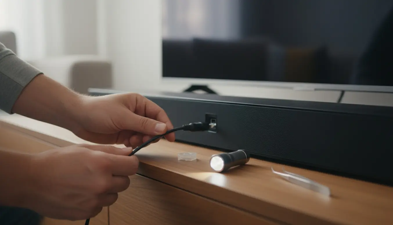 Hænder forsøger at sætte et optisk (Toslink) kabel i en soundbar, med en lille lommelygte og et beskyttelsesstykke ved siden af.