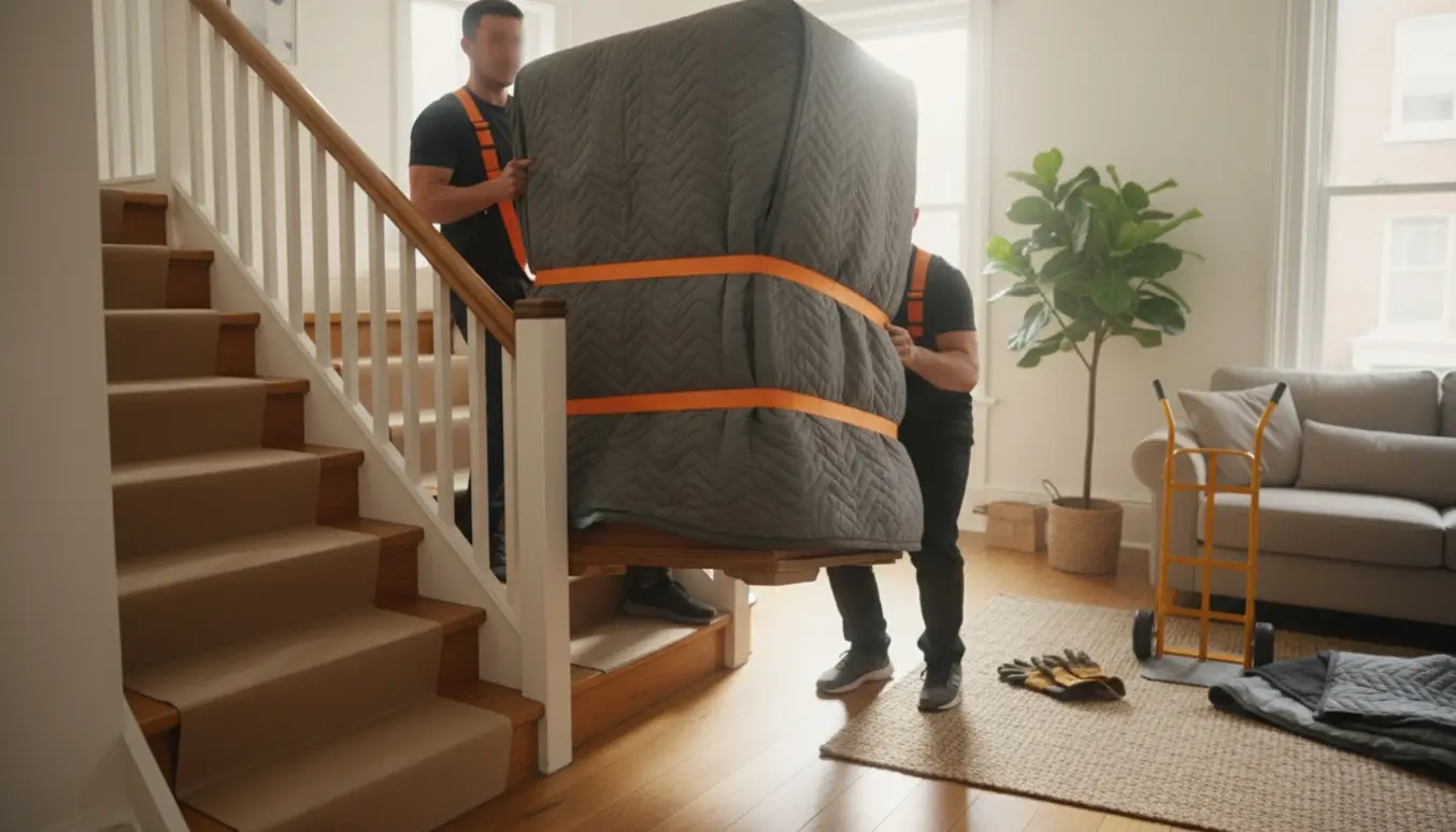 To flyttemænd bærer et tungt hjørneskab ned ad en smal trappe i et rækkehus, pakket i flyttetæpper og sikret med remme.