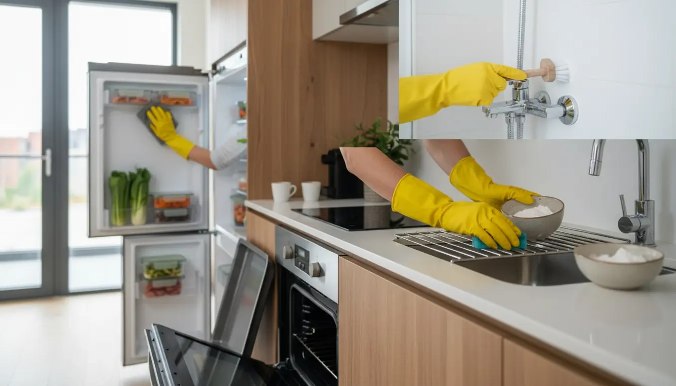Hænder i gule handsker rengør ovnrist, tørrer køleskab indvendigt og fjerner let kalk fra brusearmatur.