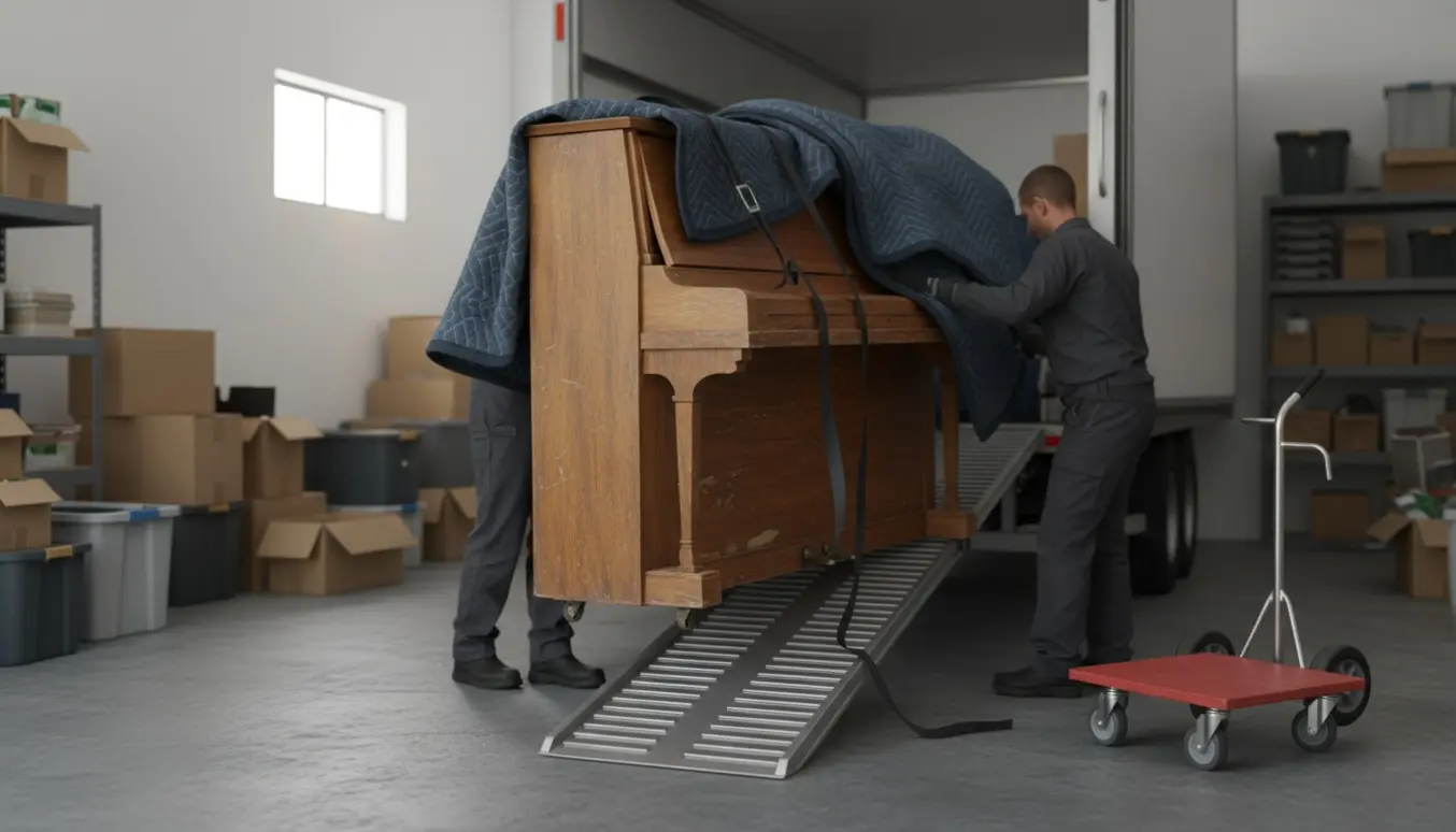 Et opretstående klaver på hjul køres op på en flyttebil via rampe, med hjælpere set bagfra.