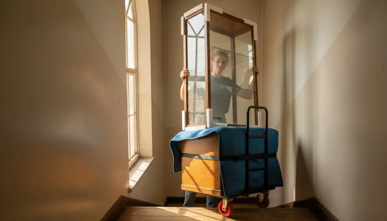 To flyttemænd bærer et todelt vitrineskab ned ad en lys trappe, pakket ind i tæpper og skum for beskyttelse.