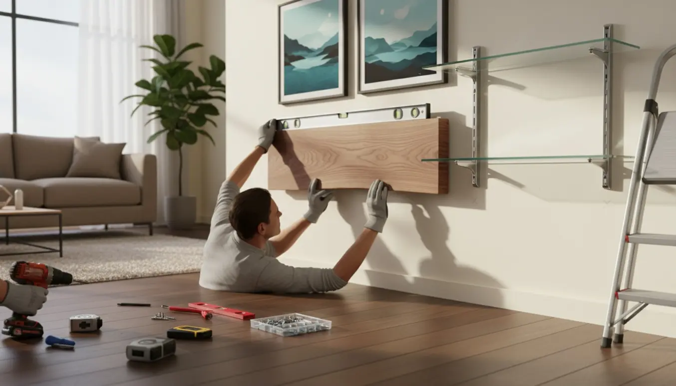 Hænger to billeder, en træreol og en glashylde på en væg med værktøj fremme.