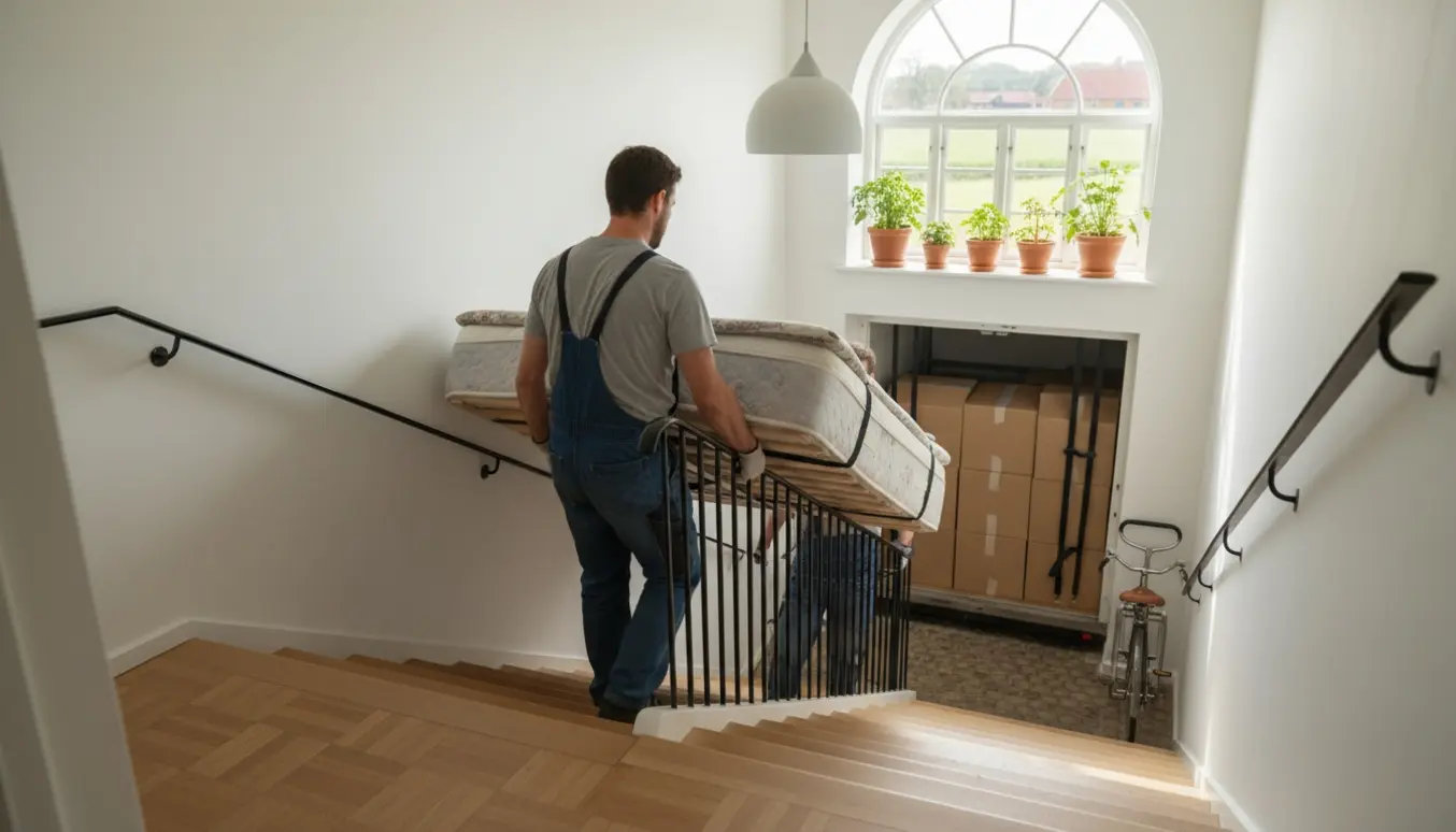 To flyttemænd bærer en madras og en træramme ned ad en lys trappe mod en åben flyttevogn med udsigt mod marker i baggrunden.