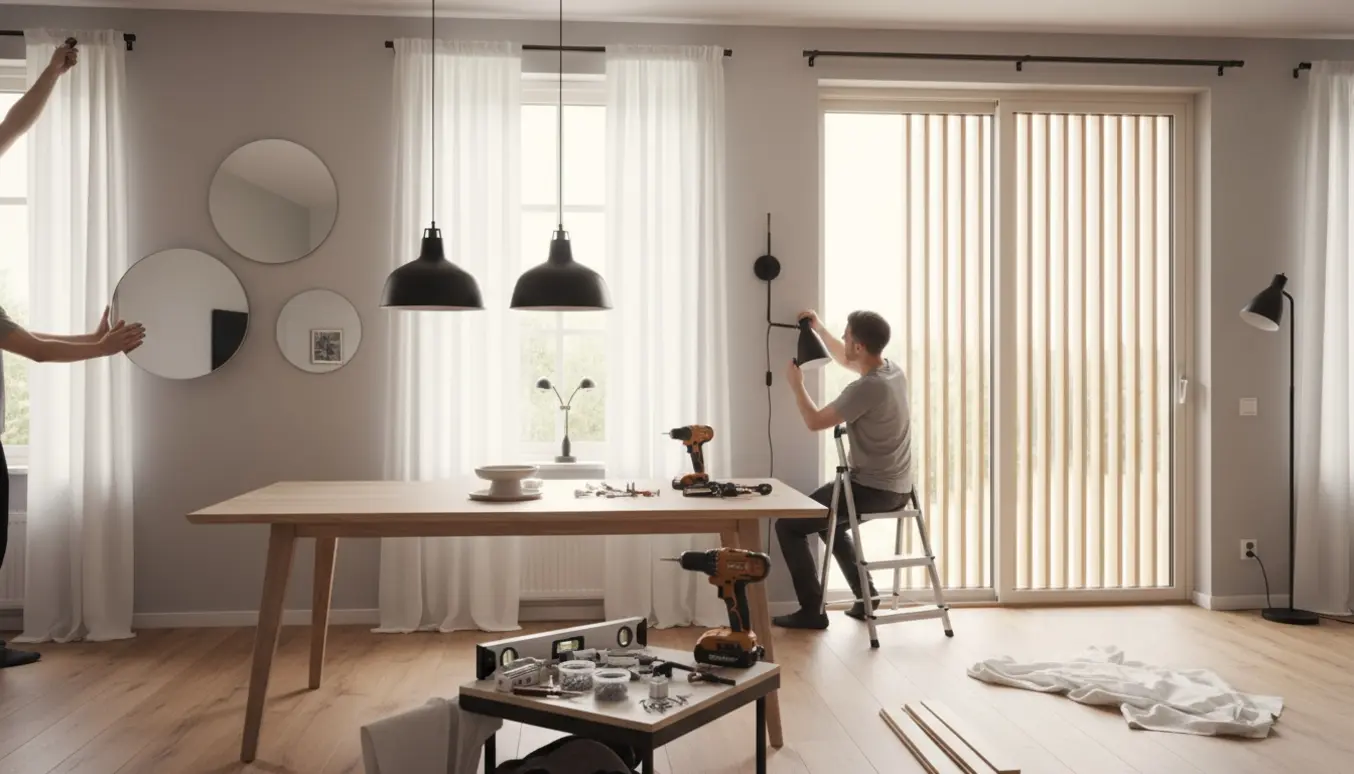 Hænger lamper, spejle, gardiner og lameller op i en lys, moderne stue.