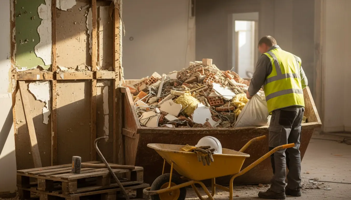 Delvist nedrevet værelse med håndværker set bagfra, der læsser byggeaffald i en container.