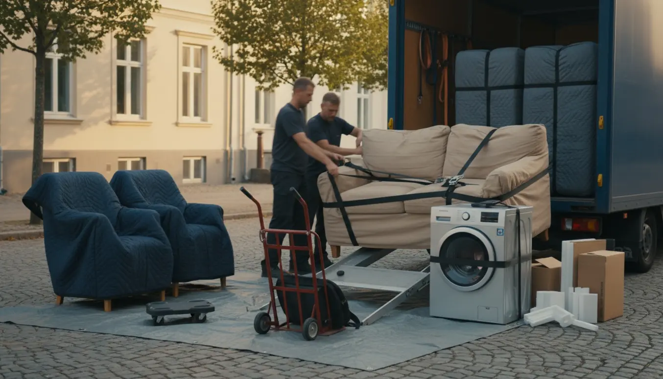 Flyttefolk læsser en sofa, tre lænestole, to senge med madrasser og en vaskemaskine ind i en flyttebil på en rolig gade.