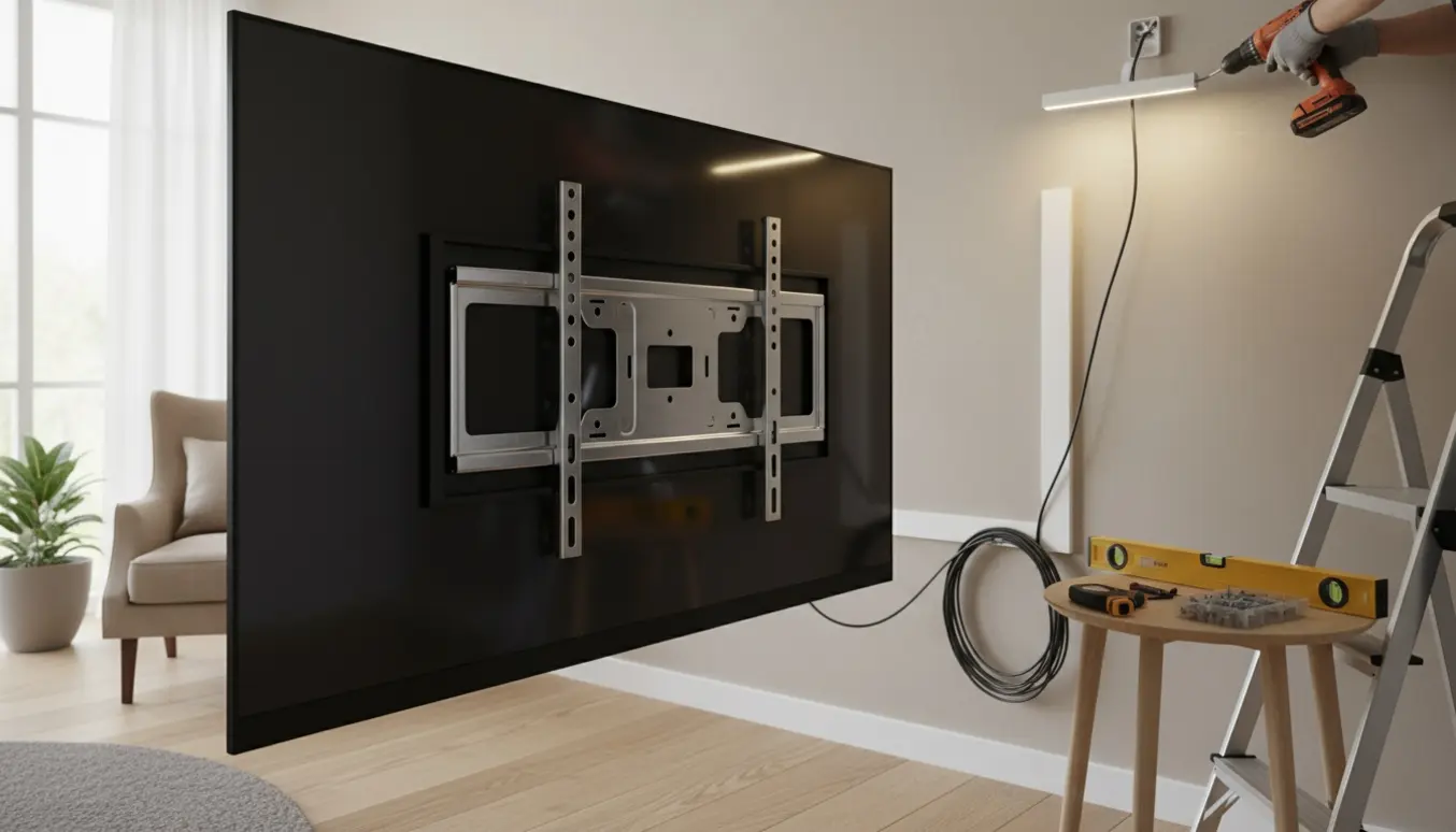 Hænder monterer et TV på vægbeslag, mens en lampe bliver installeret i et moderne opholdrum.