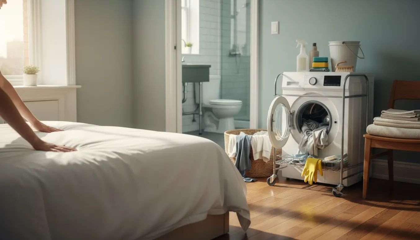 Hænder skifter rent sengetøj i en lys lejlighed med foldede håndklæder og en vasketøjskurv.