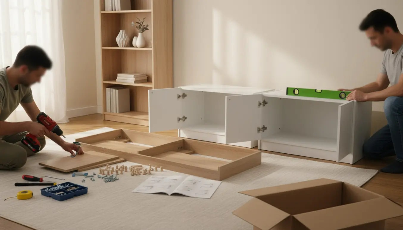 To fladpakkede bogreoler og to skabe er ved at blive samlet i en lys stue, mens hænder bruger boremaskine og unbrakonøgle.
