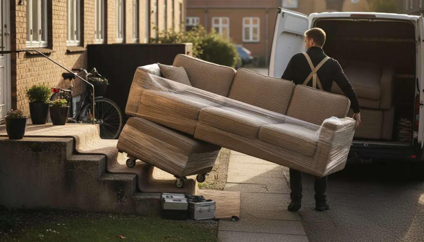 Flyttemænd bærer en adskilt hjørnesofa ind gennem få trappetrin til en stueetage, pakket i flyttetæpper ved en parkeret varevogn.