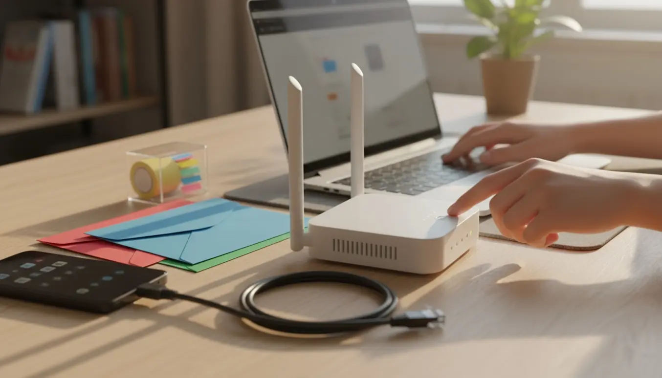 Hænder nulstiller en router ved et skrivebord med bærbar, farvede kuverter og telefon, der symboliserer problemer med flere e‑mailadresser.