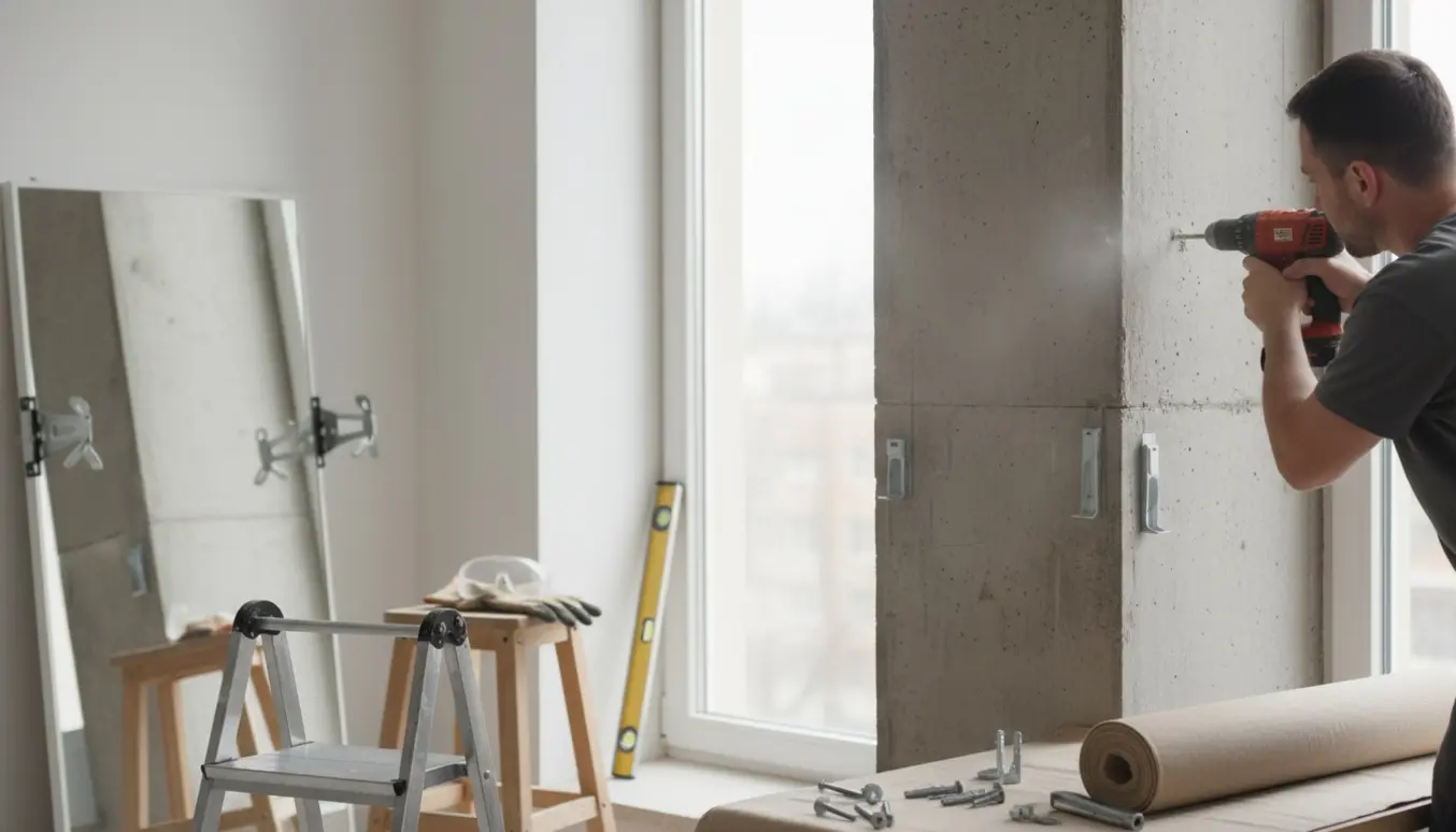 Håndværker monterer rullegardin og hænger et spejl på en rå betonvæg med boremaskine og monteringsdele.
