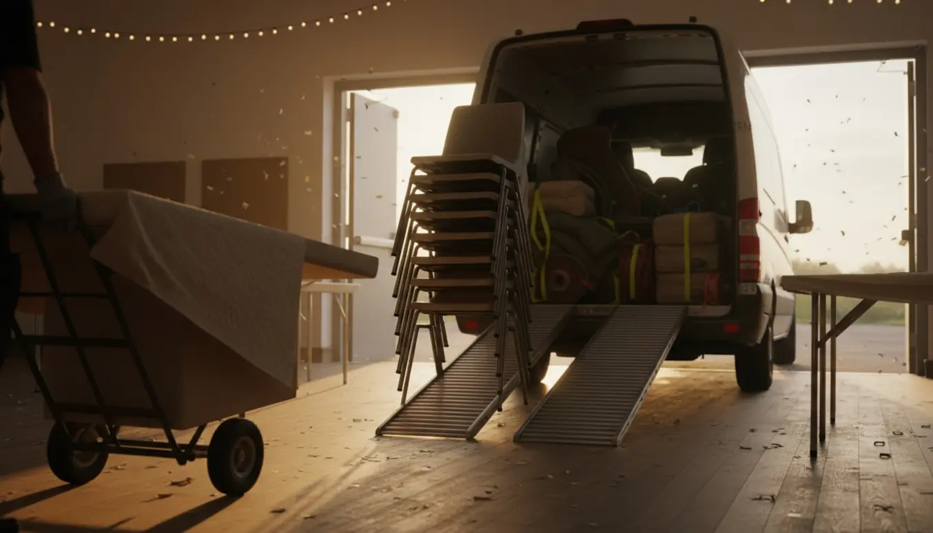 Foldede borde og stabelbare stole læsses på en varevogn foran et festlokale efter en fest.