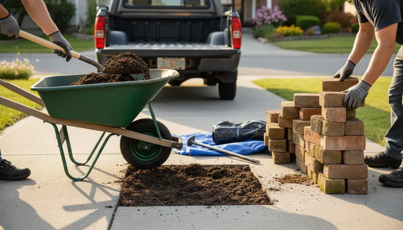 Gammel jord og slidte fliser læsses i en trillebør ved indkørslen, klar til afhentning og bortskaffelse.