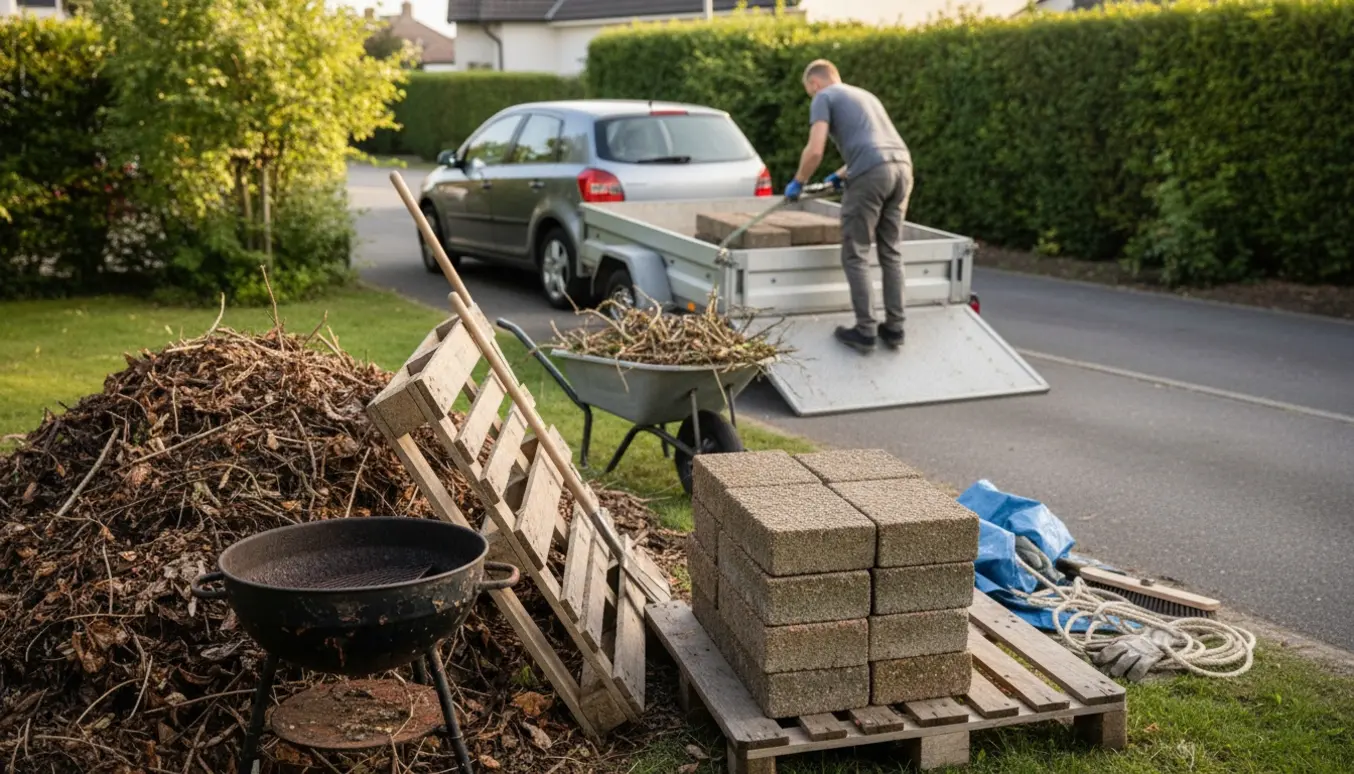 Åben trailer hvor en person læsser haveaffald, fliser, en palle og en gammel grill på en indkørsel.
