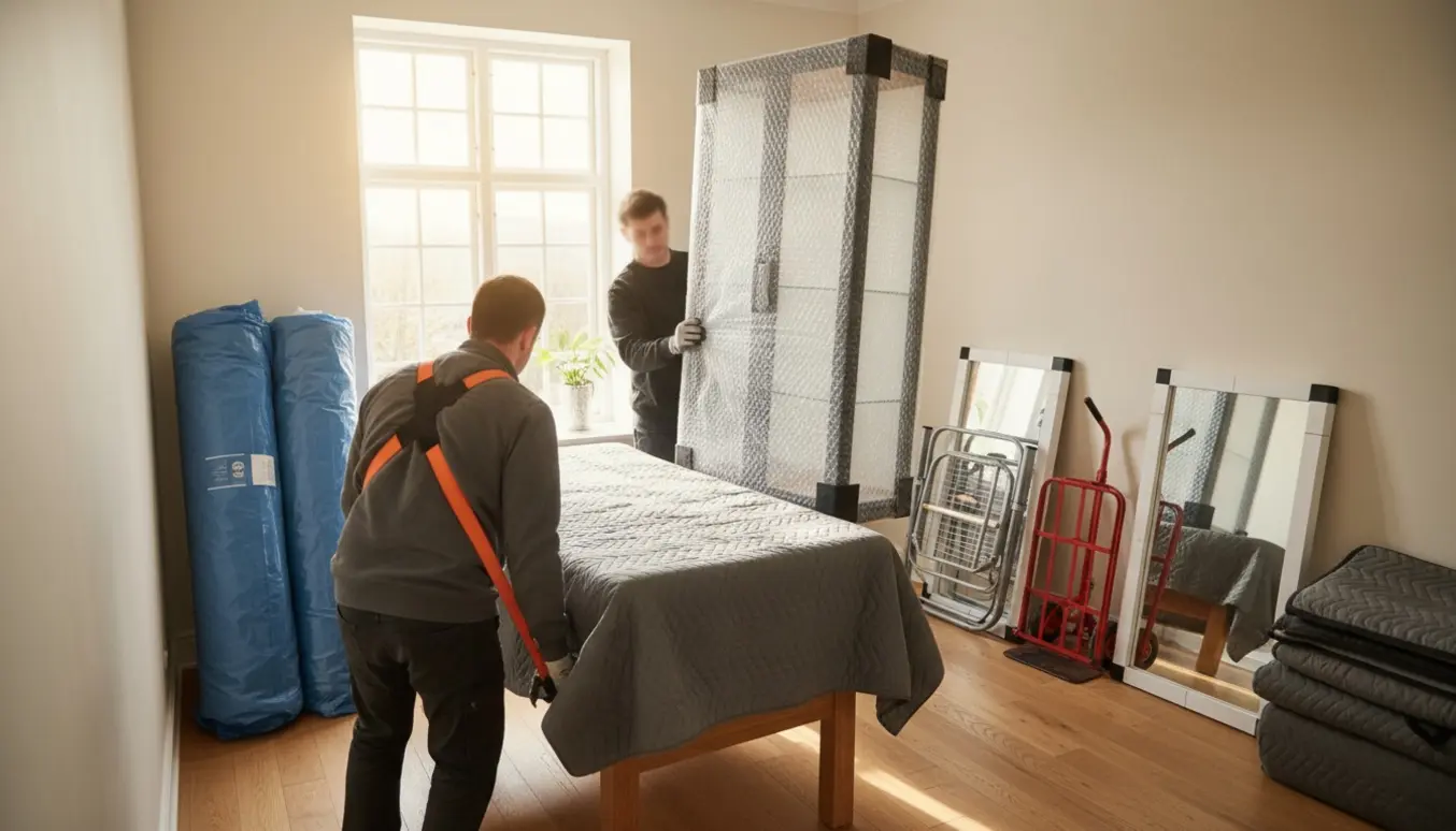 To mænd bærer møbler op ad en lys trappe: spisebord, vitrineskab, senge og spejle beskyttet til flytning.