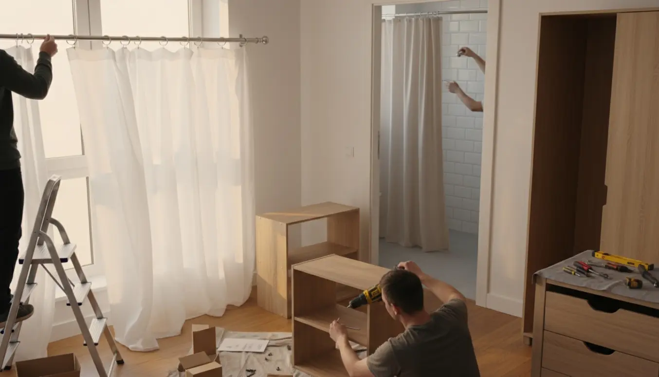 Hænder monterer gardinstang, samler møbler og hænger badeforhæng i et lyst hjem.