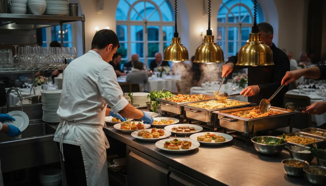 Hænder anretter mad ved et buffetbord i et festligt køkkenmiljø med fade, opvask og dækkede borde i baggrunden.