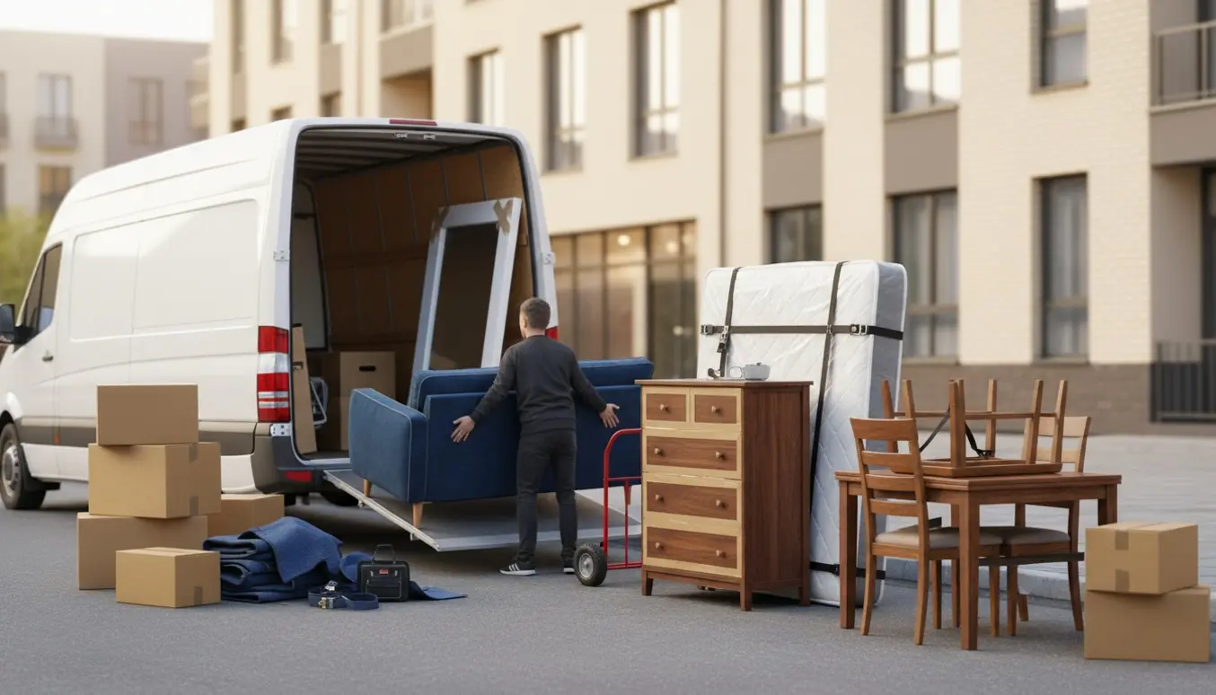 Personer med skjulte ansigter læsser sofa, boxmadras, kommode og indpakkede møbler ind i en flyttebil.