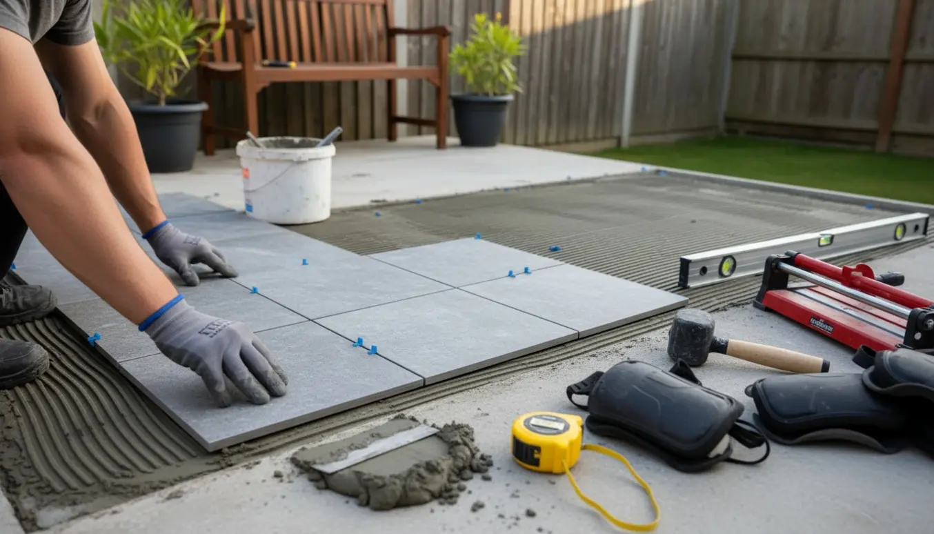 Hænder placerer udendørs fliser på en delvist færdig cementterrasse med værktøj og materialer omkring.