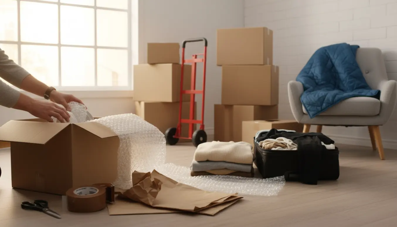 Hænder pakker porcelæn i en åben flyttekasse i en lys stue med stakke af tomme kasser og pakkematerialer.