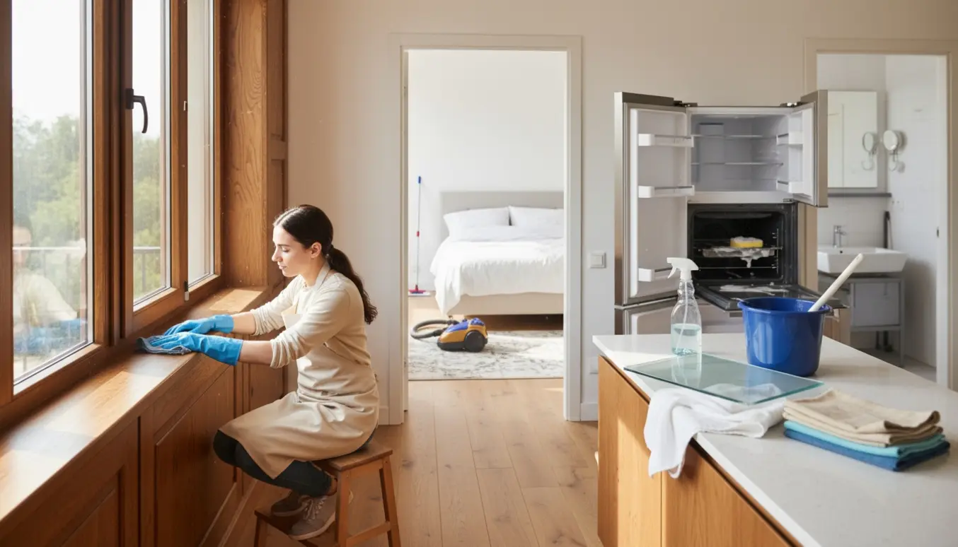 Rengøring af møbleret 70 m2 lejlighed efter fraflytning med pudsning af vinduesrammer, ovn og køleskab.