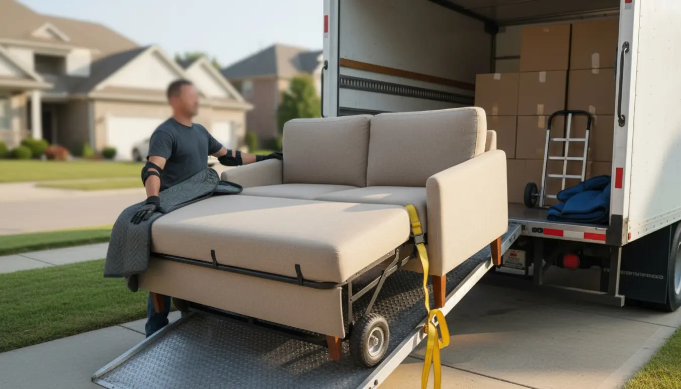 En sovesofa bliver forsigtigt læsset ind i en flyttebil med flyttetæpper, stropper og rampe.