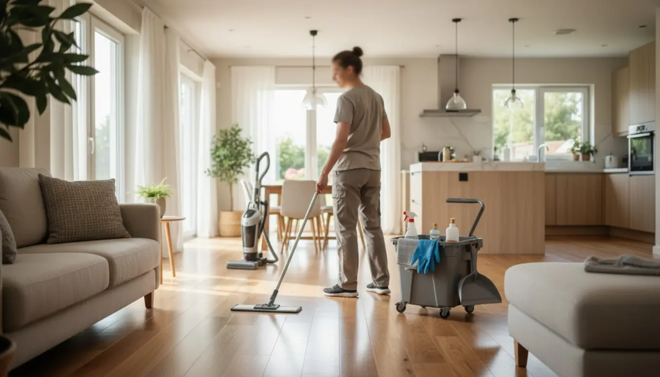 Soloplyst, ryddelig villaindretning hvor en person mopper gulvet med rengøringsudstyr i fokus.