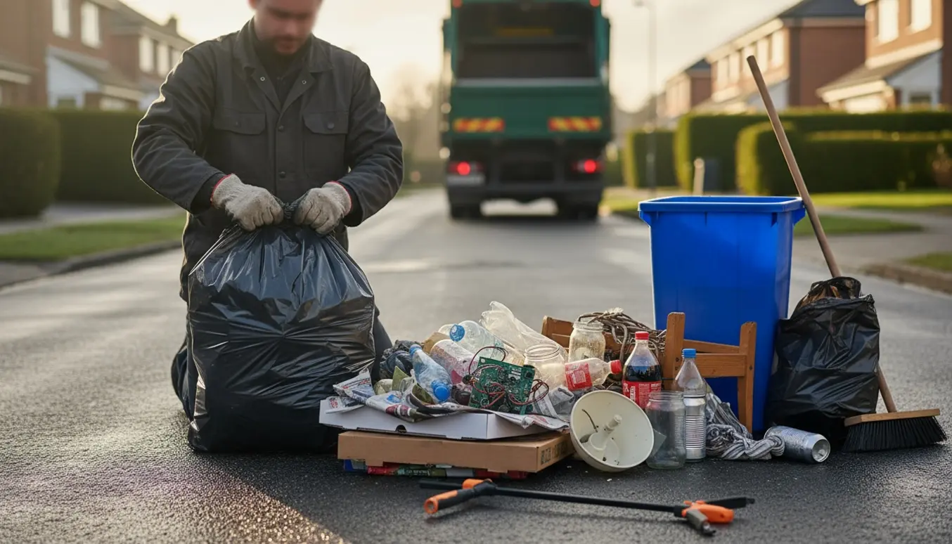 Afhentning af blandet affald ved fortovet med sække, skraldespand og handsker i fokus.