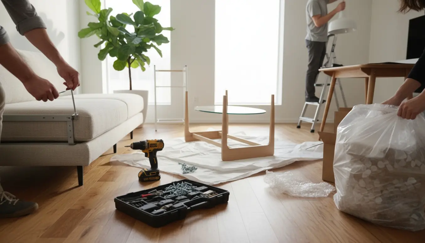 Hænder samler møbler og monterer en loftslampe i en lys stue med sammenpresset pap og plast klar til bortskaffelse.