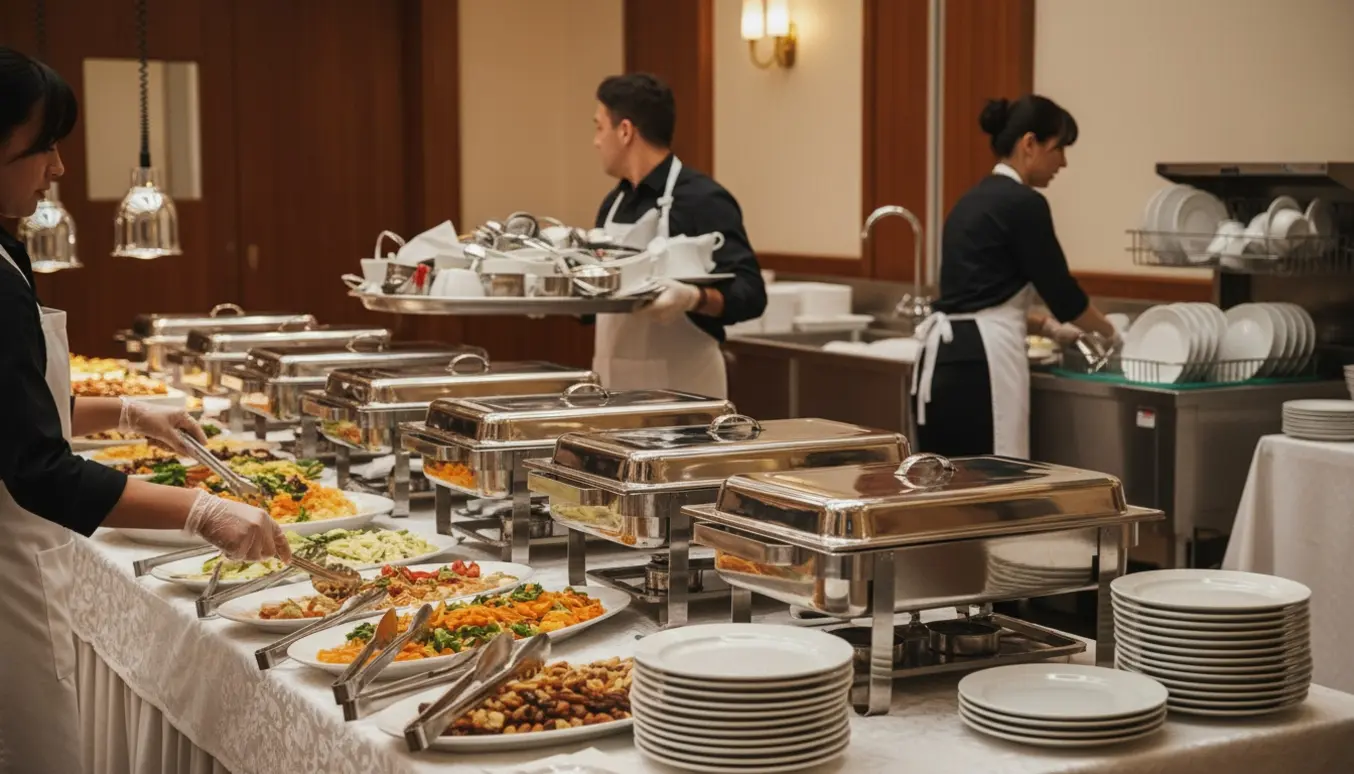 Hænder arrangerer fade på en buffet, mens en anden bærer afrydning og opvask ordnes i baggrunden.
