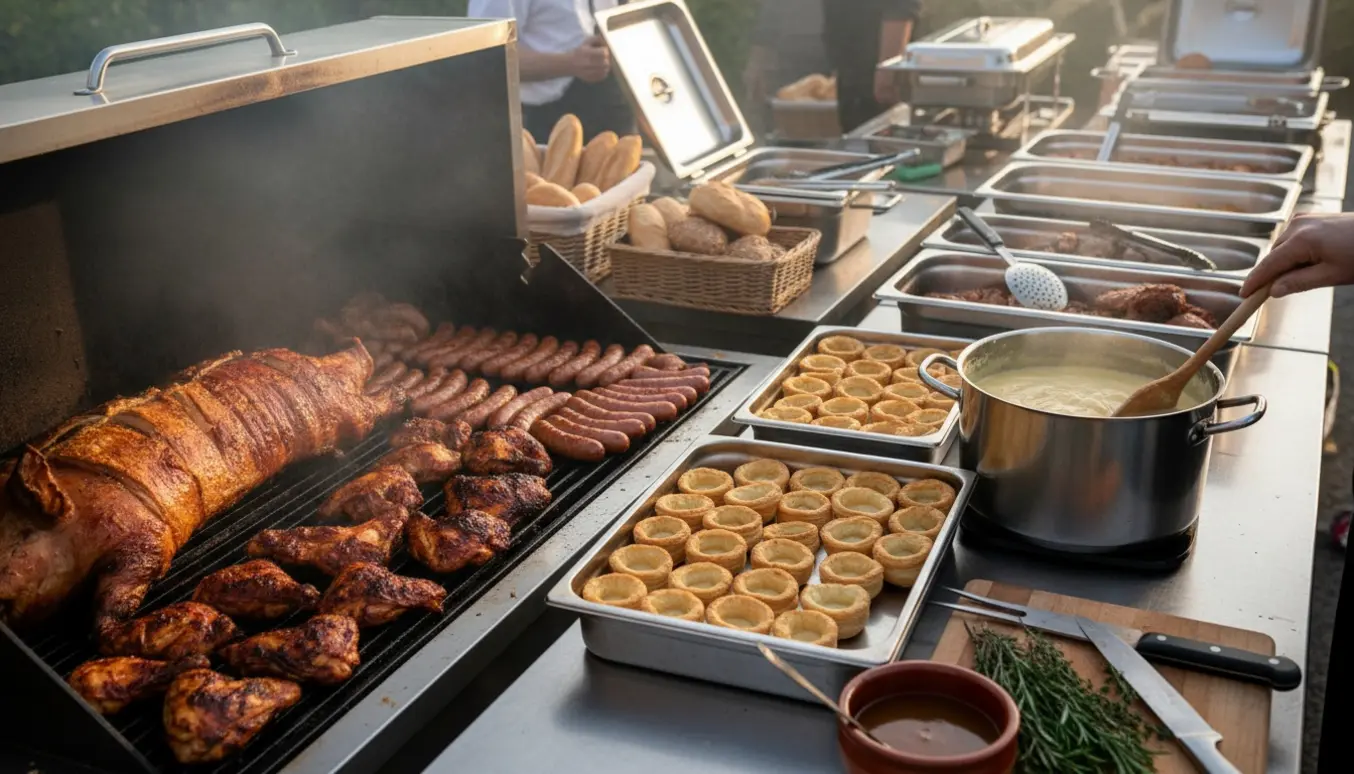Udendørs cateringstation med grill, flæskesteg, pølser og kylling ved siden af en stor gryde med tarteletfyld og bakker med varme boller.