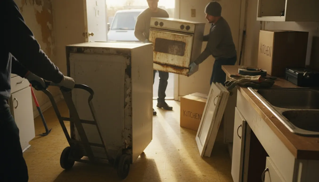 Gammelt snavset køkken med komfur og køleskab bæres ud af handskeklædte hænder mod en åben varebil.