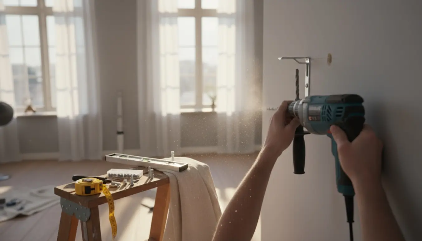 Hænder bruger en slagboremaskine til at montere en gardinstang over et vindue i en lys stue.