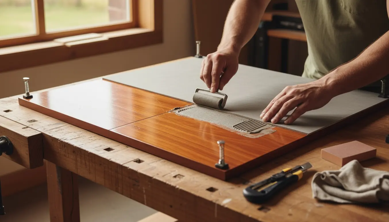 Hænder limer en farvematchet linoleumplade på en lakeret kirsebærfinér bordplade i et lyst værksted.