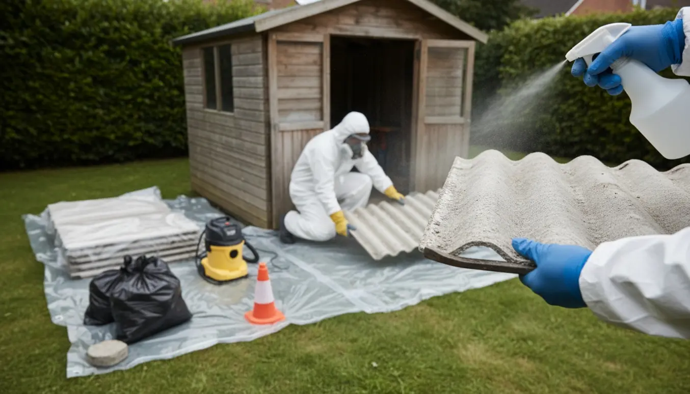 Sikkerhedsudstyret person fjerner gamle asbesttagplader fra et lille skur, med afdækningsplast og forseglede sække ved siden af.