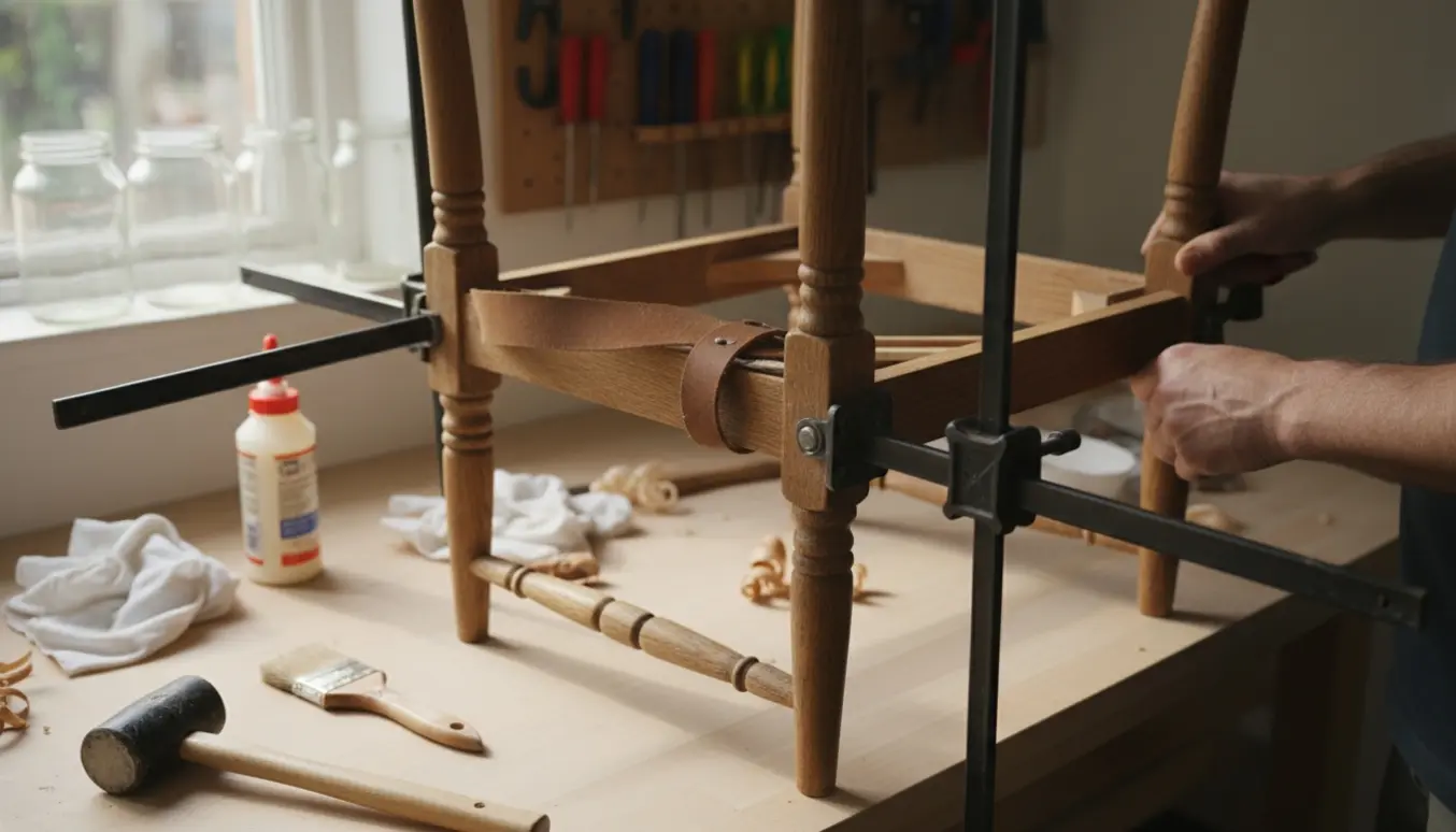 Gammel egetræsstol holdt i spænd med skruetvinger under limning på et værksted.