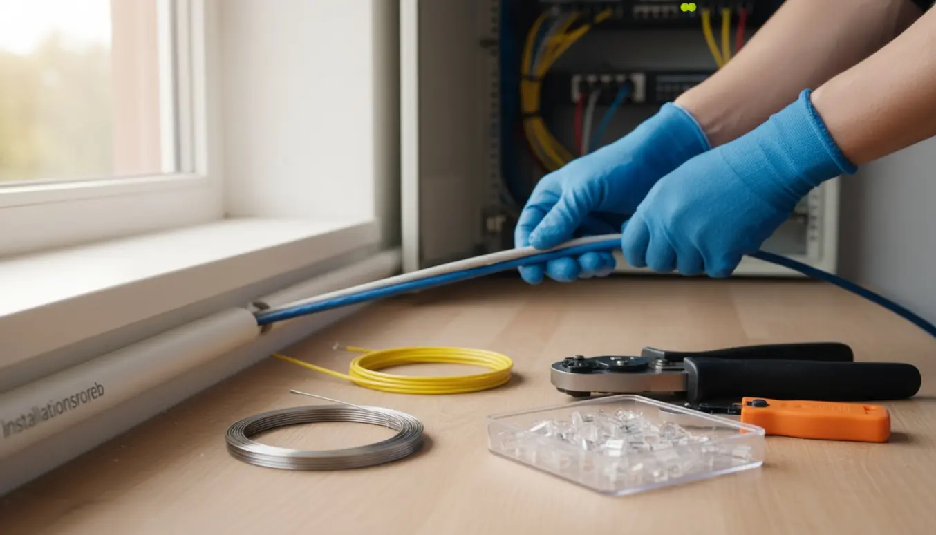 Hænder trækker to netværkskabler gennem et installationsrør med søgefjeder og RJ45-crimpetang ved siden af.