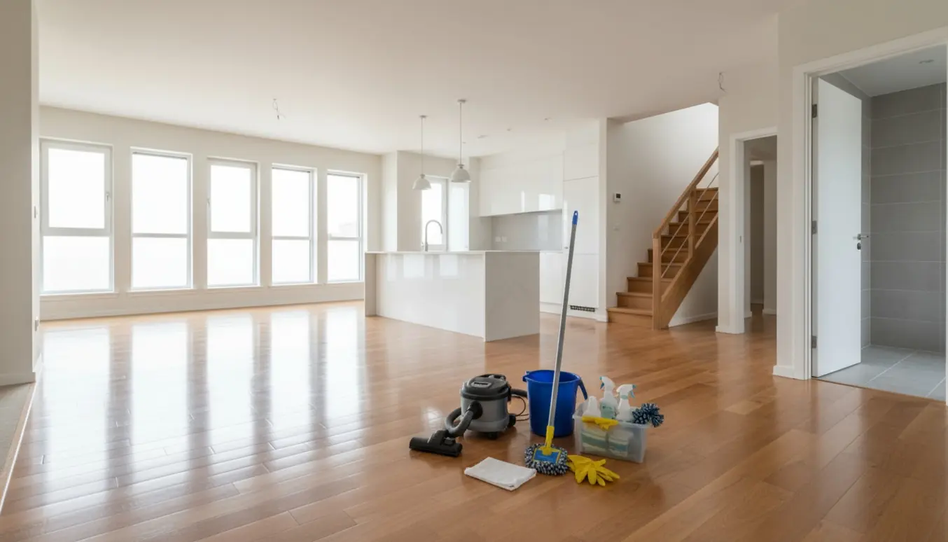 Tom to-etagers lejlighed med professionelt rengøringsudstyr og skinnende rene overflader badet i naturligt lys.