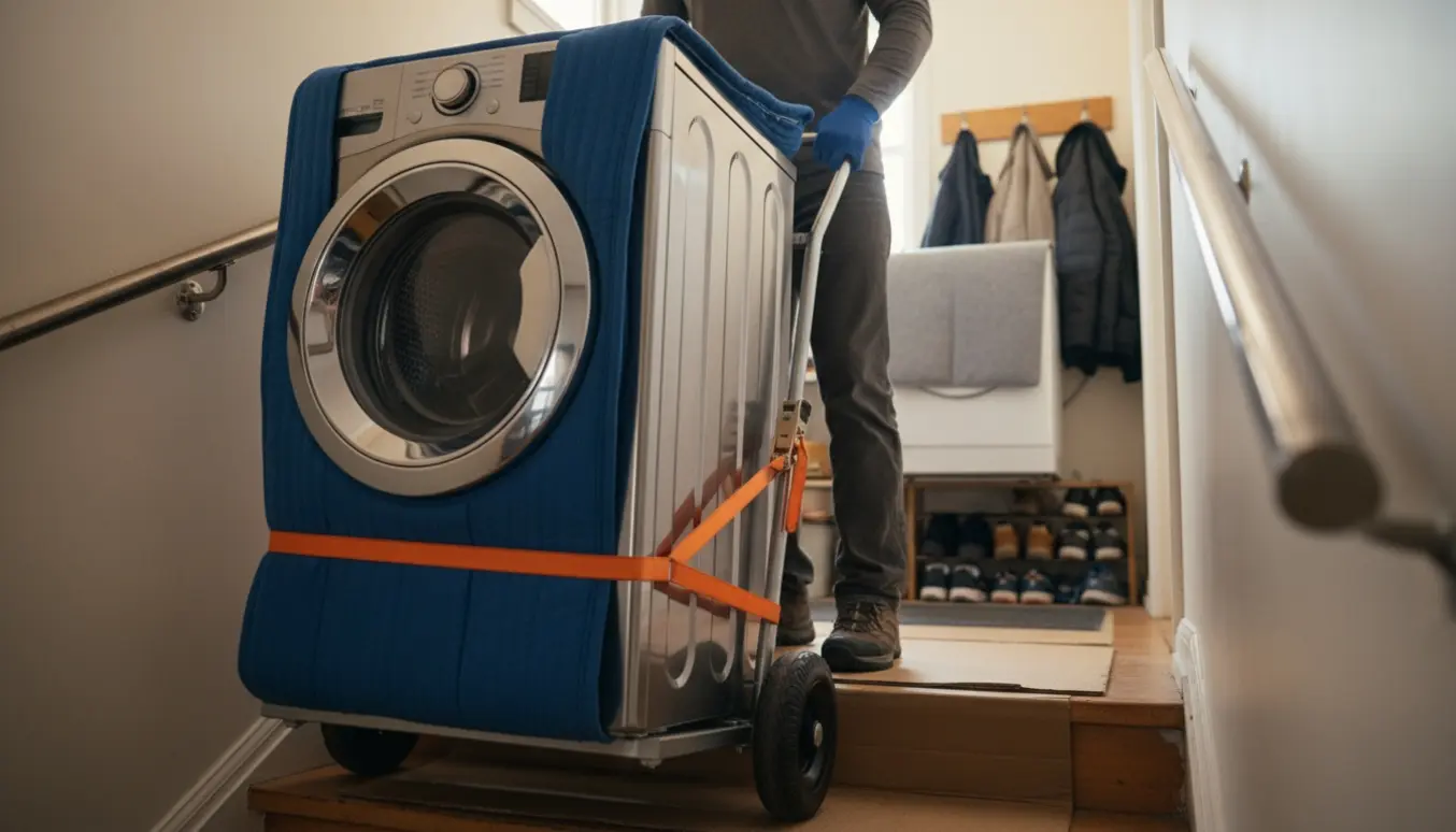 To flyttefolk bærer en vaskemaskine op ad en trappe til 1. sal, mens den gamle maskine står på reposen.